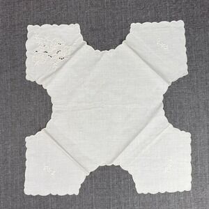 Vintage White Embroidered Linen Bridge Cloth Card Table Cover Floral Small Table